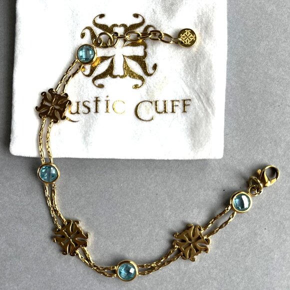 Rustic Cuff Logo and Aquamarine Blue Faceted Stones Clasp BraceletW/extender - Picture 3 of 3